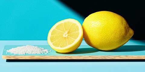 A sliced lemon and a whole lemon are displayed next to a pile of salt on a blue surface.