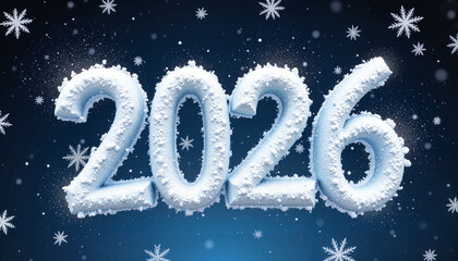 2026 snow number design with a winter theme and falling snowflakes on a blue background