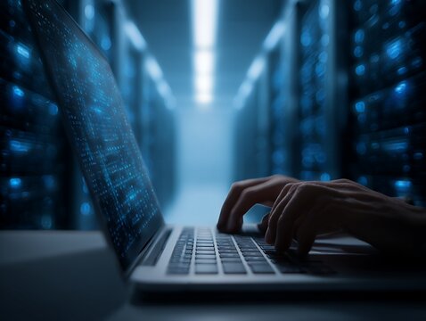 Hands Typing on Laptop in Data Center