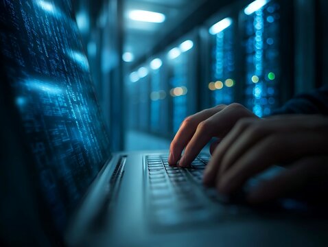 Hands Typing Code on Laptop in Data Center