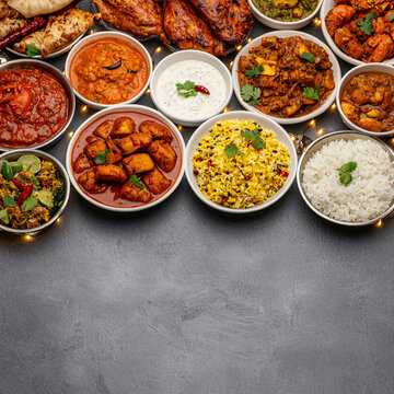 An enticing overhead shot showcases a vibrant array of diverse Indian cuisine on dark surface.