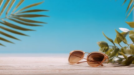 Stylish sunglasses on wooden surface with tropical leaves and blue sky background