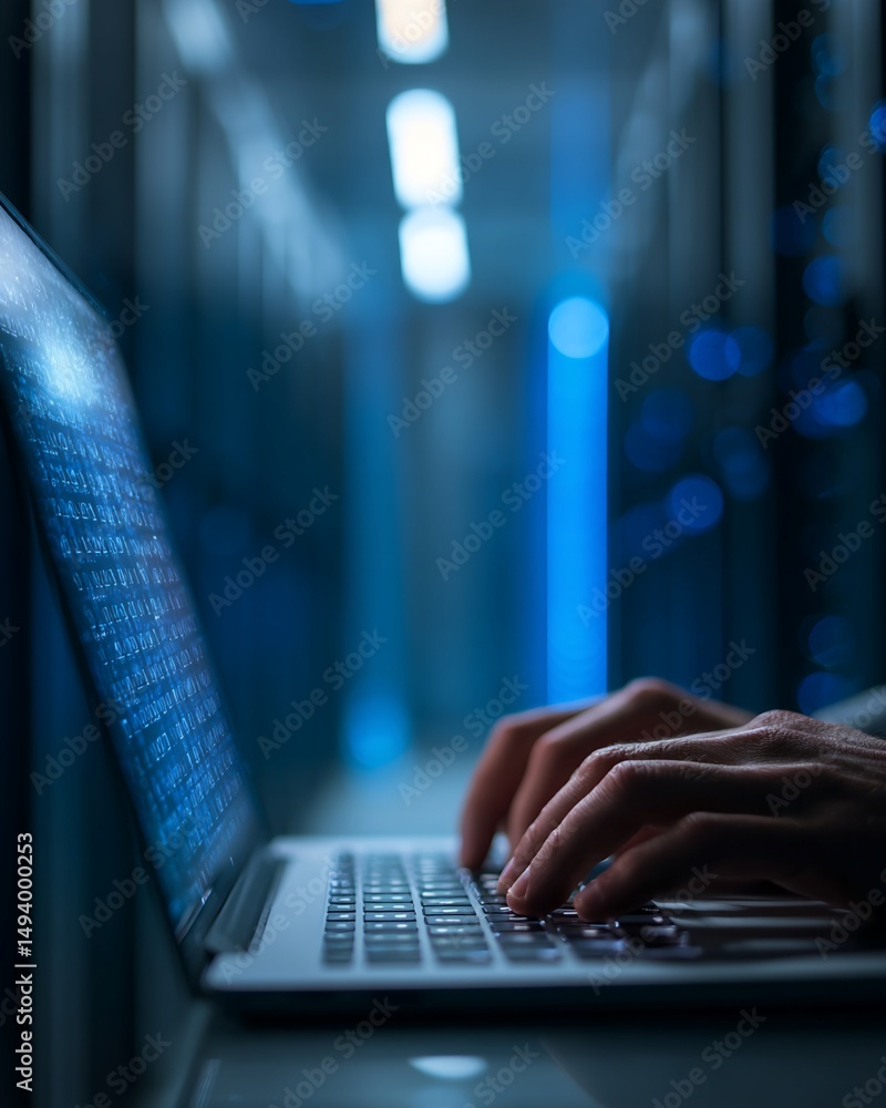 Poster laptop with code in server room environment
