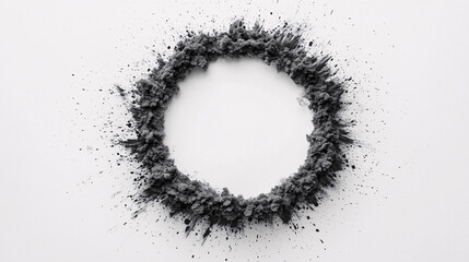 Dark gray powder bursts outward in a circular shape forming a against white background.