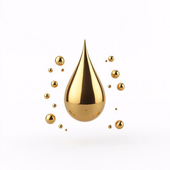 A golden fluid drop surrounded by small metallic spheres on a bright white background view.