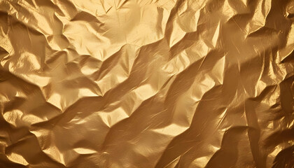 Close-up of crumpled gold foil with sharp creases and reflective highlights, creating a textured abstract surface.