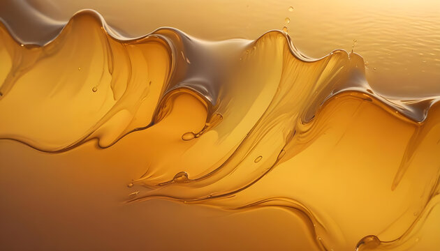 Abstract flowing waves of golden-brown oil, creating a smooth and viscous texture with small droplets.