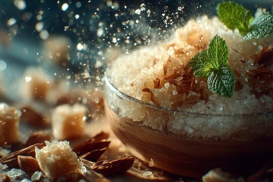 Crystalline Delight A Bowl of Sparkling Sugar with Fresh Herbs and Nuts for Culinary Inspirati