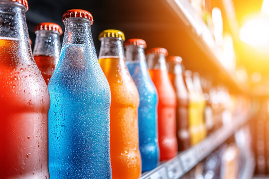 Chilled bottles of colorful soda pop beverages line the shelf under bright store lighting above.