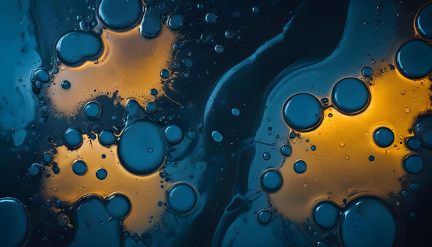 Abstract blue and yellow patterns with a glossy finish, resembling a fluid, cosmic texture.