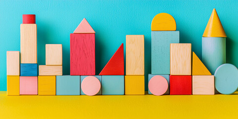 A colorful arrangement of geometric wooden toy blocks simulates a whical cityscape design.
