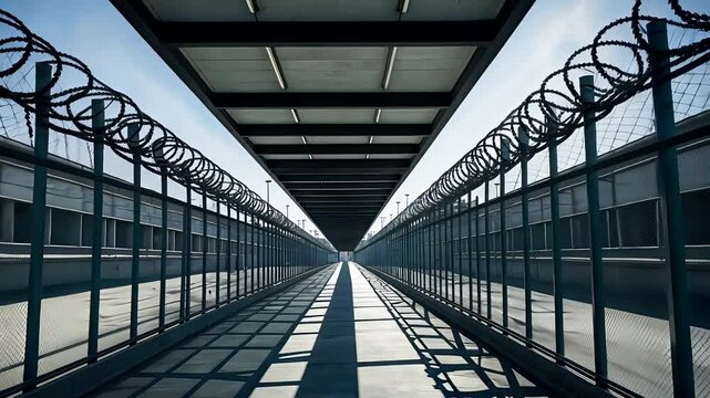 High Security Prison Walkway with Steel Fencing and Barbed Wire Under Harsh Daylight Perspective