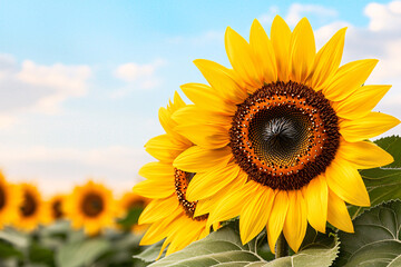 Obraz premium A vibrant yellow sunflower blooms, facing the sun, set against a background of blue sky clouds.