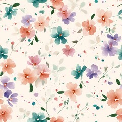 Seamless pattern of tiny pastel watercolor flowers in soft romantic tones on a light background