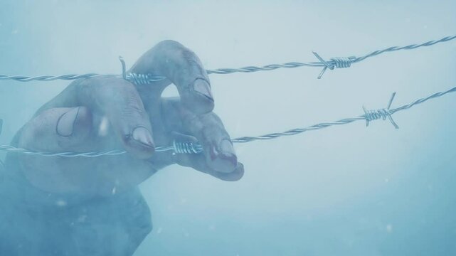 Soldier's Hand Caught On Wire In Snowfall