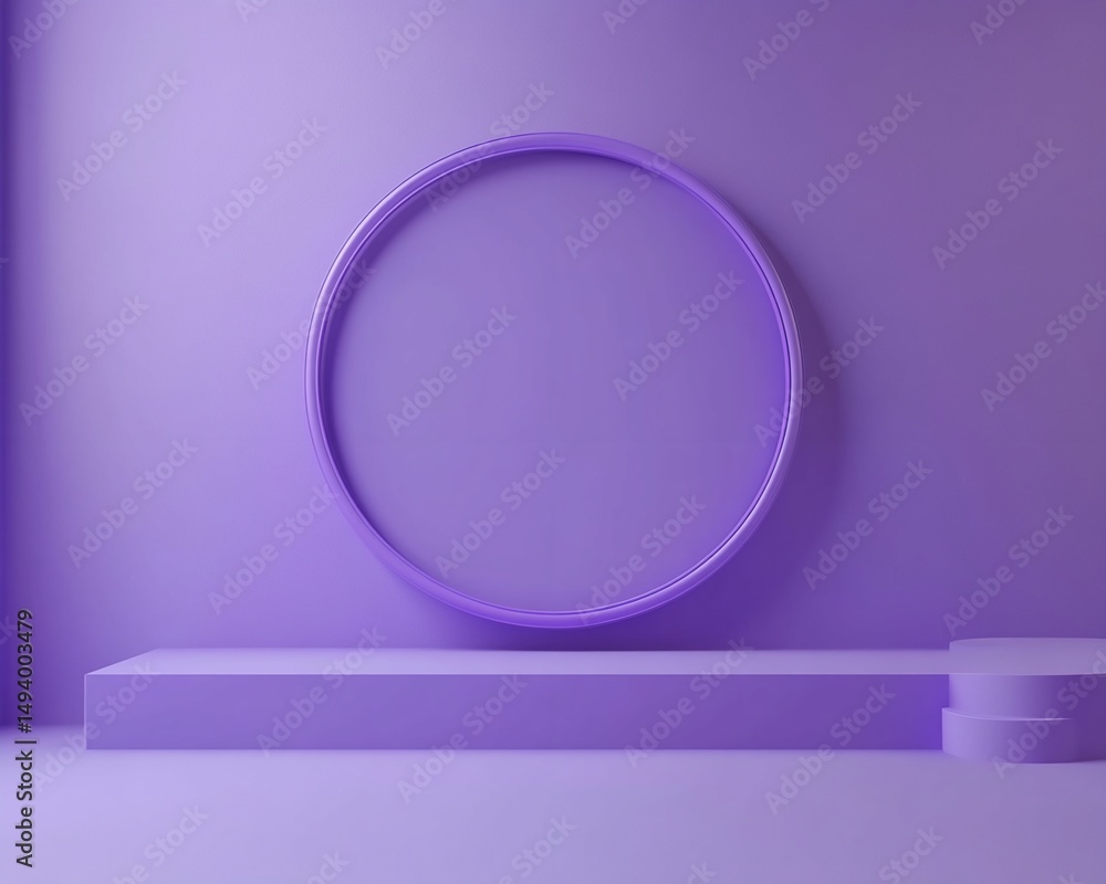 Poster purple circular frame with rectangular and cylindrical platforms
