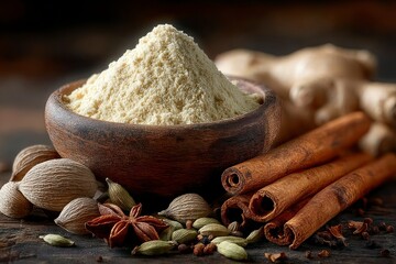 Fototapeta premium A wooden bowl filled with powdered spice surrounded by whole spices and aromatic sticks