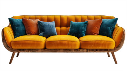 Mid Century Yellow Sofa With Cushion Set Isolated on Transparent Background