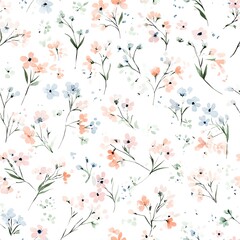 Seamless pattern of small pastel flower motifs painted in watercolor with tender romantic shades on a light ground