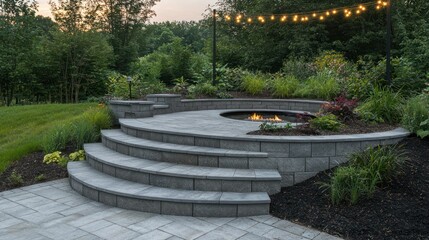 Elegant backyard firepit, tiered stone steps, lush greenery