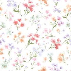 Seamless pattern of small pastel flower motifs painted in watercolor with tender romantic shades on a light ground