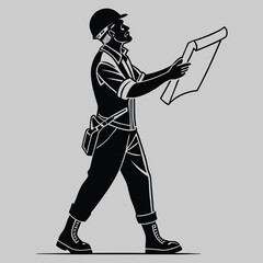 a construction worker with blueprint silhouette vector design art and illustration