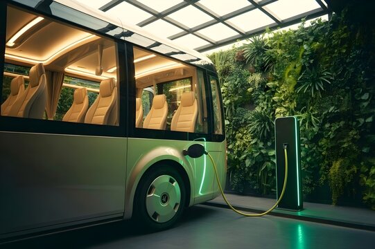 Charging a luxury electric bus from environmentally friendly renewable energy sources.green energy concept.