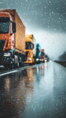 Semi-Trucks on Wet Highway in Rain