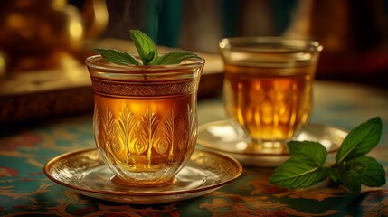 The Art of the Sip: A close-up of two exquisite glass teacups filled with steaming tea, garnished with fresh mint leaves, and set against an ornate, inviting backdrop. 