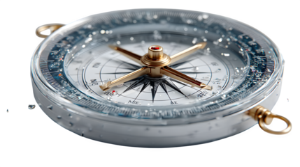 A glowing 3D compass icon with holographic textures, symbolizing exploration and direction, set against white --ar 16:9 --v 7.0 --s 750