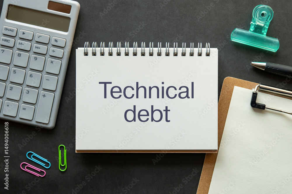 Poster there is notebook with the word technical debt. it is as an eye-catching image.