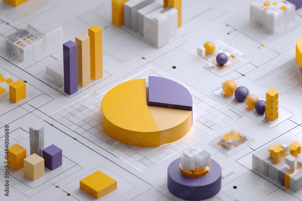 Poster three-dimensional data visualization with bar graphs, pie chart, and spheres