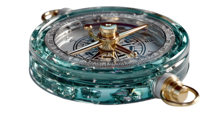 A glowing 3D compass icon with holographic textures, symbolizing exploration and discovery, set against white --ar 16:9 --v 7.0 --s 750