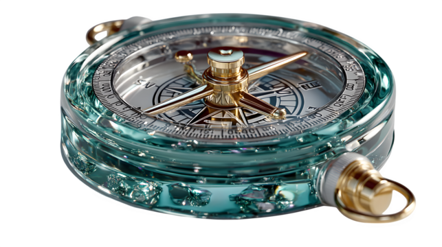 A glowing 3D compass icon with holographic textures, symbolizing exploration and discovery, set against white --ar 16:9 --v 7.0 --s 750