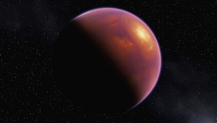 Obraz premium A captivating image of a red planet, resembling Mars, half-illuminated and floating in the star-filled vastness of outer space, showcasing its rugged surface and glowing atmosphere under cosmic light.