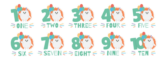 Fototapeta premium Cute baby hedgehog character,balloons,numbers from 1 before 10 vector set. Beautiful elements for Kids Birthday Party invitation,greeting card,poster,cake toppers design