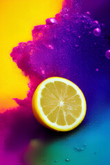 Vibrant Flying Lemon Slice with Neon Color Splash and Abstract Water Ink Effect