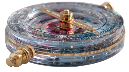 A glowing 3D compass icon with holographic textures, symbolizing exploration and discovery, set against white --ar 16:9 --v 7.0 --s 750