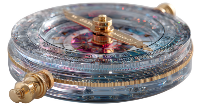 A glowing 3D compass icon with holographic textures, symbolizing exploration and discovery, set against white --ar 16:9 --v 7.0 --s 750