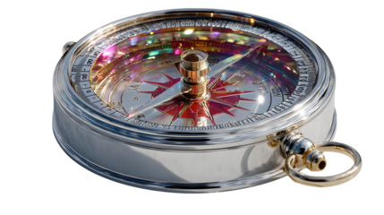 A glowing 3D compass icon with holographic textures, symbolizing exploration and direction, set against white --ar 16:9 --v 7.0 --s 750
