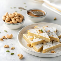 close-up of a dish of kaju katli on a white background