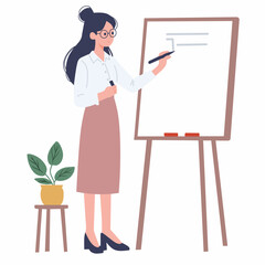A woman presenting ideas on a whiteboard, with a plant nearby.