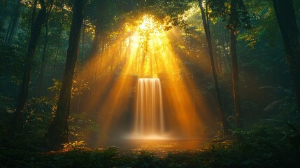 Fototapeta premium Forest waterfall with golden sunbeams shining through canopy