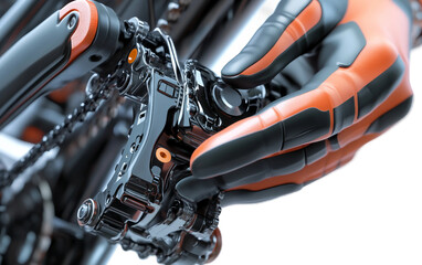 Team mechanic carefully adjusting gear derailleur on racing bicycle for optimal performance isolated on white background PNG