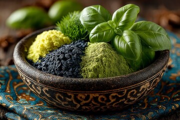 A bowl of vibrant natural powders and fresh herbs perfect for culinary and wellness applicatio