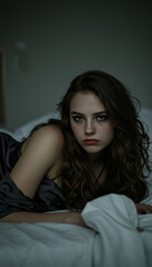 Fototapeta premium Ai Generated:Curly Red-Haired Woman in Dark Garment Lying on White Bed in Dimly Lit Room