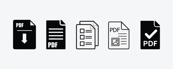 Set of PDF File Icons in Line and Silhouette Vector Style on White Background