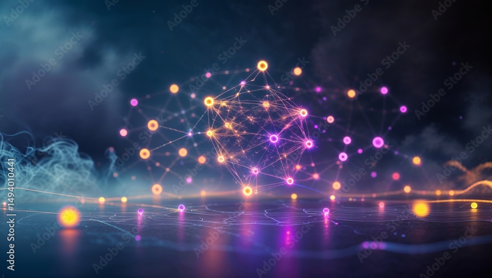 Poster dynamic digital network visualization with vibrant colors and abstract shapes