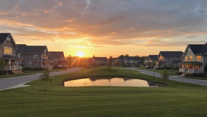 Aerial view of a peaceful suburban neighborhood with a central pond, modern houses, real estate, green lawns at sunset, capturing serene community living and golden-hour beauty in residential setting.