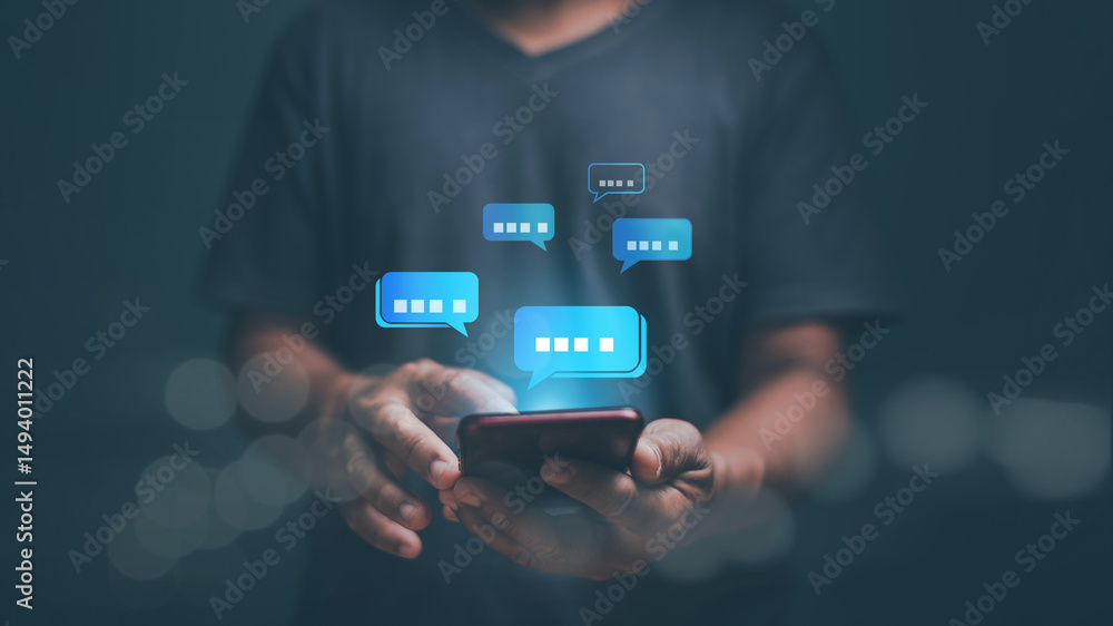 Poster digital online communication and social media concept, businessman using application chat on smartph